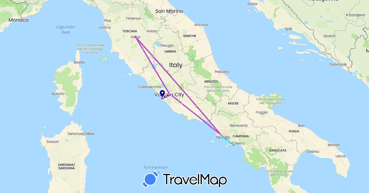 TravelMap itinerary: driving, train, boat in Italy (Europe)